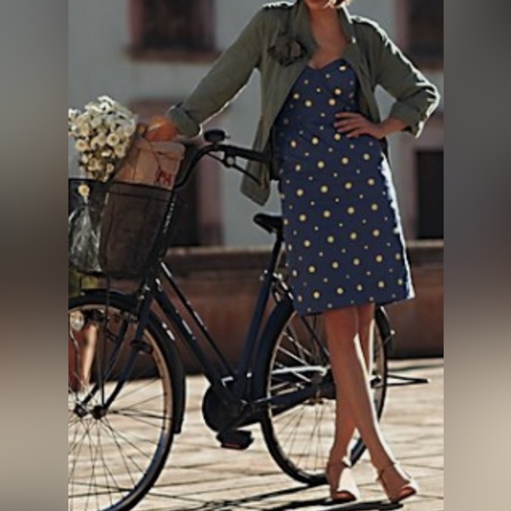 Anthropologie Floreat Blue With Gold Polka Dots Strapless Dress.